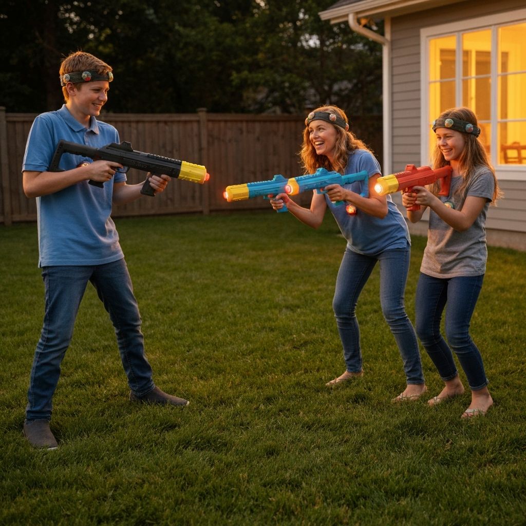 Family playing laser tag in a backyard setting